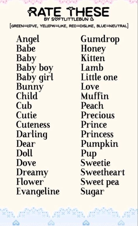 Pet Names Template, Names I Adore Coquette, Kawaii Nicknames, Coquette Pet Names, Nickname Template, Gyaru Names Ideas, Space Nicknames, Kidcore Names, Soft Nicknames