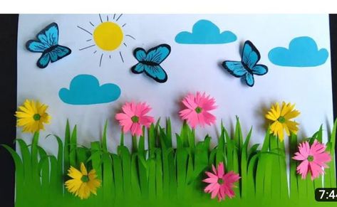 Garden Paper Crafts, Bulletin Board Ideas Flowers, Grass Paper Craft, How To Make Grass Out Of Paper, Display Board Decoration For School, Spring Decorations Kindergarten, Display Board Border Ideas, Spring School Decorations, Creative Display Boards For School