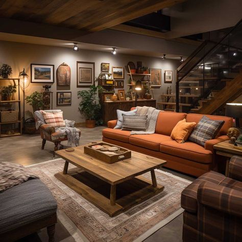 7+ Creative Ideas to Turn Your Basement into a Cozy Living Room • 333+ Images • [ArtFacade] Rustic Family Room Ideas, Basement Living Room Ideas, Basement Living Room, Rustic Family Room, Basement Decoration, Dream Basement, Cabin Living Room, Rustic Basement, Basement Living