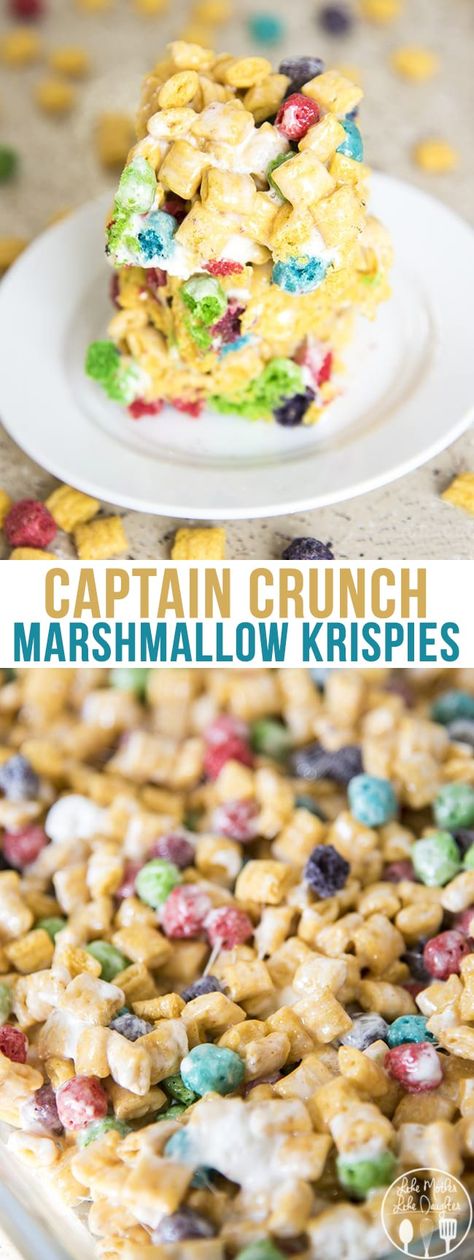 Captain crunch rice krispies are gooey cereal bars made with captain crunch cereal and marshmallows! They're the perfect snack for Cap'n Crunch lovers! Marshmallow Krispies, Captain Crunch Cereal, Cereal Treat Recipes, Resepi Roti, Cap'n Crunch, Captain Crunch, Cereal Dessert, Krispie Treats Recipe, Crunch Cereal