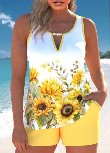 Cut Out Floral Print Light Yellow Tankini Set | modlily.com - USD 37.98 Polka Dot Suit, Yellow Tankini, Elegant Dresses Plus Size, Beach Bridesmaid Dresses, Plaid Outfits, Printed Tankini, Summer Beach Outfit, Black Swimwear, Tankini Set