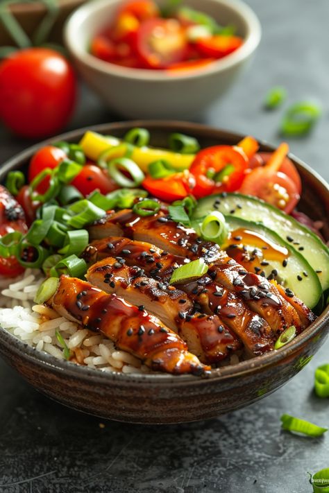 Teriyaki chicken bowl with rice, sliced avocado, and fresh vegetables, garnished with green onions and sesame seeds. Teriyaki Chicken Ramen Bowl, Poke Bowl Chicken Teriyaki, Nutritional Lunch Ideas, Lunch For Guests Ideas, Healthy Teriyaki Chicken Bowl, Teriyaki Chicken Avocado Rice Stack, Asian Chicken Bowl Recipe, Chicken Burger Bowl, Meditterean Bowl