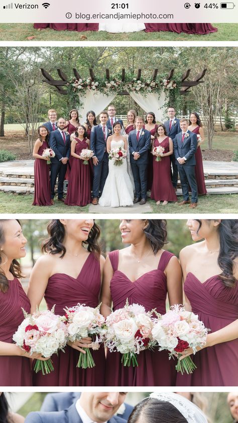 Wedding Cabernet Color, Chianti And Navy Wedding, Mulberry Bridesmaid Dresses With Groomsmen, Shades Of Maroon Bridesmaid Dresses, Mulberry Wedding Theme, Old Rose Wedding Motif, Chianti Wedding Color Scheme, Maroon Bridal Party, Mulberry Wedding Color Scheme