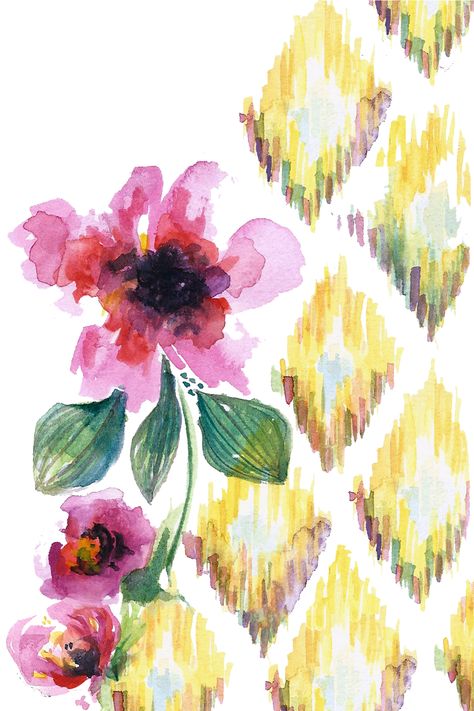 Yellow ikat pattern and pink flowers ---watercolour by krista oleary Watercolor Ikat Pattern, Chintz Motifs, Ikat Painting, Bedsheets Ideas, Flowers Watercolour, Kahlo Paintings, Watercolor Flower Prints, Kalamkari Painting, Textile Prints Design