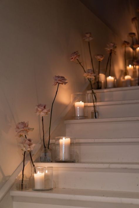 Stephanie & Brayden’s wedding. Wedding Stylist & Florist - @piaandjade. Candles On Stairs, Wedding Stairs, Roses Candles, Floristry Design, Dinner Party Table, Southern Highlands, Candle Table, Rose Candle, Sydney Wedding