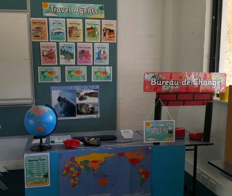 My travel agent role play corner using resources from twinkl.co.uk. Travel Agent Role Play, Geography Themes, Airport Theme, Play Corner, Harmony Day, Role Play Areas, School Displays, Science Units, Play Centre