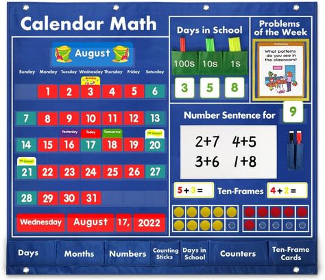 -All-in-one Math Calendar: Over 240 cards in words and numbers with cute illustrations and vibrant colors. 33 double sided number cards, 40 counters for the ten-frames, plus 20 activities cards and 50 problem-solving cards etc. The Math Calendar includes everything you need to teach daily math concept during calendar time. Classroom Pocket Charts, Math Calendar, Calendar Classroom, Teaching Calendar, Pocket Charts, School Preparation, Calendar Math, Writing Area, Calendar Time