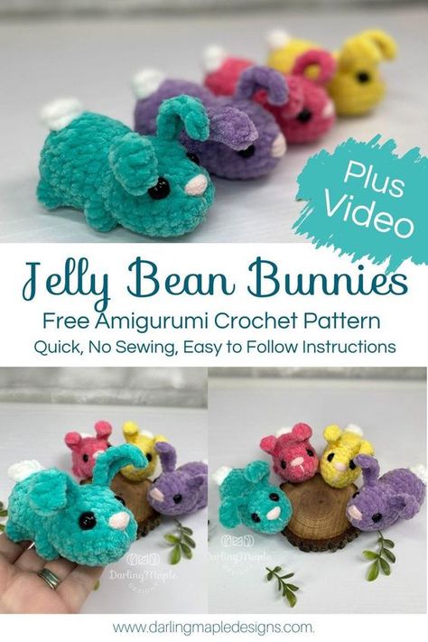 Who needs an Egg Hunt? Create yourself a little Jelly Bean Bunny army and go on a Bunny Hunt instead. You'll be hooked in no time on this quick, easy, NO SEW Crochet Amigurumi Pattern. Find the Free Version of the written instruction on the Blog or Fully Video Tutorial on YouTube. Follow us for more quick, cute crochet patterns! #easterbunnycrochet #freebunnypattern #springcrochet Jellybean Bunny Crochet, Crochet Stuffy, Amigurumi Bunnies, Bean Bunny, Crochet Hobby, Crocheted Amigurumi, Tiny Crochet, Dog Crochet, Crochet Plushies