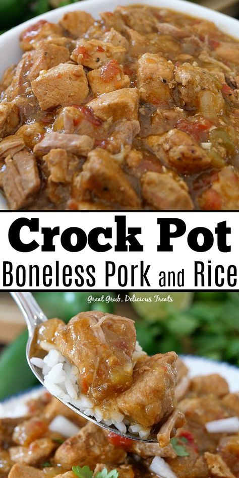 Crock Pot Boneless Pork and Rice is an easy crock pot meal, loaded with delicious pork and served over rice. Pork And Rice Recipes, Pork Roast Crock Pot Recipes, Pork And Rice, Boneless Pork Ribs, Crockpot Pork Roast, Pork Chops And Rice, Pot Roast Crock Pot Recipes, Pork Crockpot Recipes, Pork Chop Recipes Crockpot