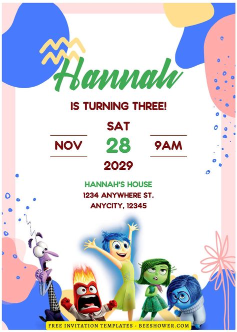 Awesome (Free Editable PDF) Colorful Disney Inside Out Baby Shower Invitation Templates Inside Out Birthday Invitations, Inside Out Party, Backyard Bbq Party, Inside Out Characters, Kids Birthday Invitation, Disney Inside Out, Party Stationery, Birthday Invitations Kids, Bbq Party