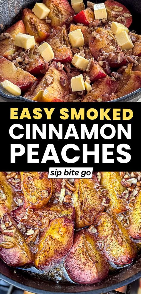 Craving a smoked dessert that will satisfy a sweet tooth? Try these easy Traeger smoked cinnamon peaches with honey and pecans – a simple yet decadent treat that’s perfect over ice cream or straight from the skillet! Smoked Peach Crisp, Traeger Smoked Ham Recipes, Desserts On Smoker, Easy Traeger Recipes, Smoked Peaches, Candied Peaches, Smoked Dessert, Smoked Desserts, Bbq Deserts