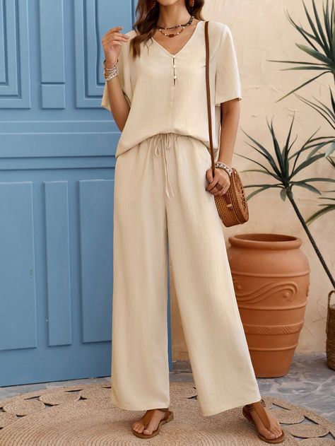 Apricot Casual Collar   Plain  Embellished Non-Stretch  Women Clothing Lisa Allen, Shirt And Pants Set, Coord Sets, Coord Set, Simple Colors, Mom Outfits, Shirt And Pants, The Duff, Two Piece Outfit