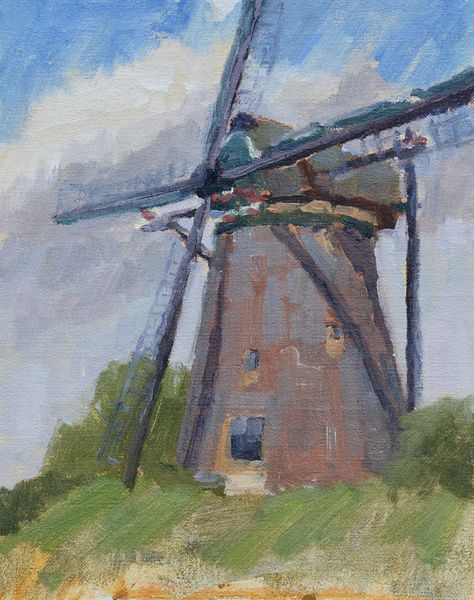 Joan Breckwoldt "Windy Day" plein air painting in oil in Holland 2014. The Netherlands windmill. www.joanbreckwoldt.com see my blog for more about this trip. Windmill Painting, Netherlands Windmills, Holland Windmills, Beauty In Art, Estate Garden, Dutch Windmills, Red Cottage, Texas Artist, Air Painting