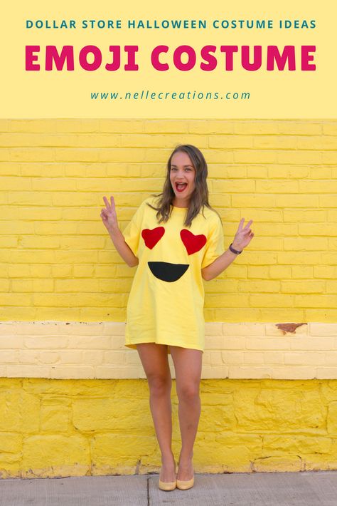 Dollar Store Halloween Costume Ideas Emoji Emoji Halloween Costume, Emoji Costume, Emoji Shirt, Mom Lifestyle, Dollar Store Halloween, Kate Spade Inspired, Costume Tutorial, Homemade Halloween, What Am I