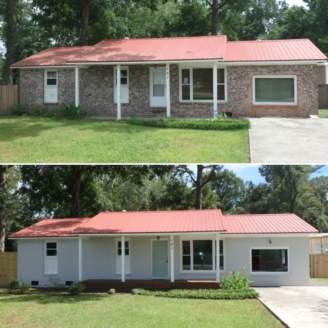 Brick Ranch Exterior Makeover. Painted Brick in Glidden Sutton Place Grey. Grey House with Red Metal Roof. Blue/Green Front Door. No shutters. Small windows with wooden boxes underneath.  Add front porch.  Tall columns. Garage conversion. No shutters on Picture Window. Painted Brick House Exterior Red Roof, Metal Roof On Red Brick House, Red Roof Brick House, Brick House With Red Roof, Ranch Style Brick Home Painted White, House With Red Metal Roof, Homes With Red Metal Roofs, Red Metal Roof, Brick Ranch House Exterior