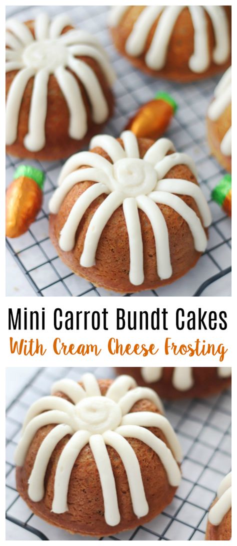 These mini carrot bundt cakes are so EASY to make using a cake mix. I'll share how to make ANY cake mix cake taste amazing by adding two ingredients. You'll love our homemade cream cheese frosting, and I'll even show you how to ice them just like the ones from your local bakery! Bundt Cake Carrot, Carrot Cake Bundt, Mini Bunt Cake, Bunt Cake Recipe, Mini Bundt Cakes Recipes, Bundt Pan Recipes, Mini Carrot Cake, Bundt Recipes, Cake Carrot