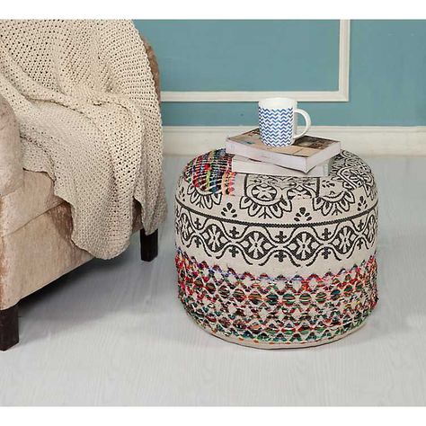 Bohemian Pouf from Kirkland's Space Playroom, Geometric Pillow Covers, Tufted Storage Ottoman, My First Apartment, Clutter Free Home, Home Refresh, Upholstered Storage Bench, Shop Projects, Handbags Affordable