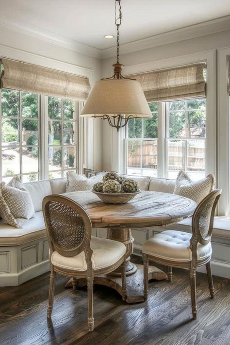 Breakfast Nook Ideas Bay Window, Nook Design Ideas, Farmhouse Breakfast Nook, Nook Design, Country Kitchen Ideas, Breakfast Nook Ideas, Cottage Dining Rooms, Nook Ideas, Banquette Seating