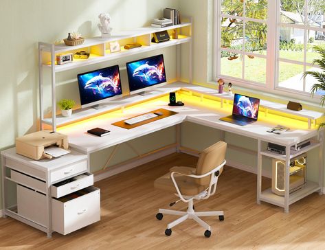 PRICES MAY VARY. 【L Shaped Gaming Desk with LED & Power Outlets】This L shaped computer desk incorporates an innovative LED lighting design, showcasing contemporary chic aesthetics. When the cool-toned lights are activated, it transforms into a gaming desk station. Even during daylight hours with abundant natural light, the inherent wood grain texture of this home office desks radiates an irresistible charm, creating the space with a unique and delightful ambiance. 【Large Computer Desk with Drawe Gaming Desk White, Studio Room Ideas, Desk Station, Gaming Desk With Drawers, L Shaped Gaming Desk, L Shaped Desk With Storage, Shelves For Home Office, Desk With Monitor Stand, Artist Desk