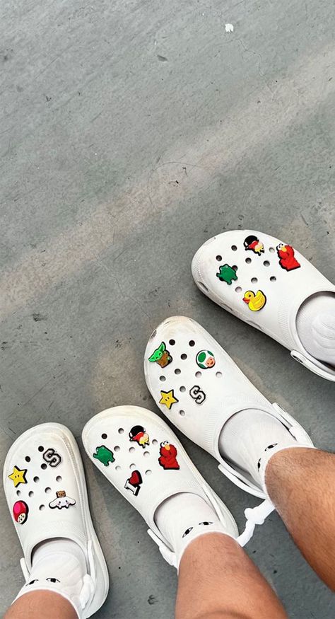 summer crocs, crocs shoes, crocs aesthetic, summer slipper, summer shoes, croc jibbitz,croc jibbitz charm, crocs charm, crocs outfit, summer aesthetic,  summer aesthetic pictures, aesthetic summer vibes, summer vibes Matching Crocs With Bf, White Crocs With Jibbitz, Stucco Crocs, Crocs Outfit Summer, White Crocs Outfit, Matching Crocs, Cute Crocs Shoes, Charm Crocs, Jibbitz Ideas