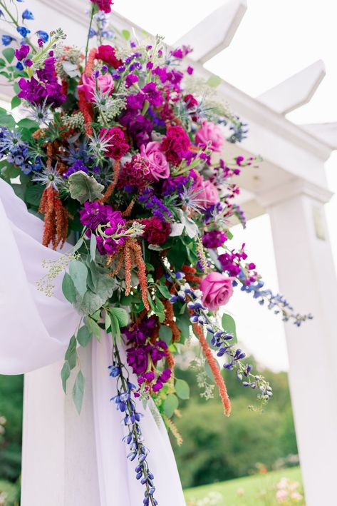 Pink Purple Blue Wedding Flowers, Neon Floral Arrangements, Purple Tropical Flowers, Purple And Pink Wedding Flowers, Tropical Floral Design, Blue And Magenta Wedding, Pink Purple Wedding Theme, Purple Wedding Palette, Wedding Flowers Bright