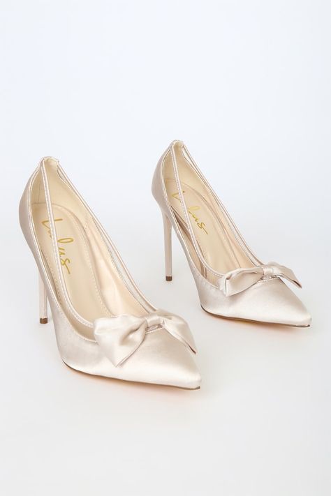 Cream High Heels, Bow High Heels, Cream Heels, Beige Heels, Satin Shoes, Bow Pumps, Bow Heels, Satin Heels, Pointed Heels