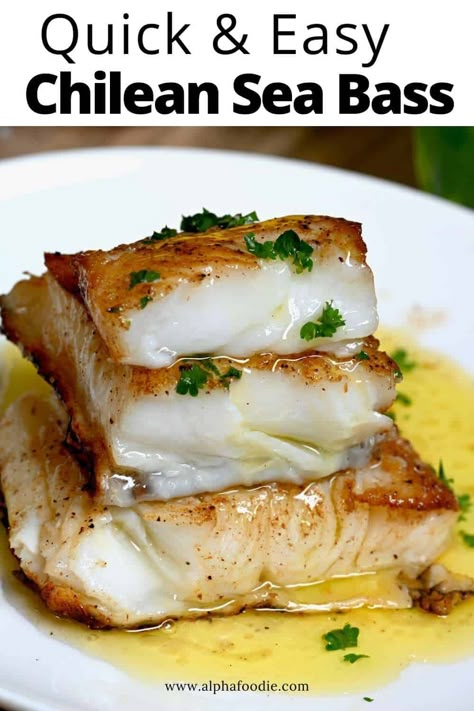 Make restaurant-quality pan-seared Chilean sea bass in under 20 minutes. It's crisp outside, tender, juicy, and flaky in the middle, and served with rich lemon butter sauce! Pan Seared Chilean Sea Bass Recipe, Chilean Sea Bass Recipe Baked, Chilean Sea Bass Recipe Pan Seared, Sea Bass Recipes Healthy, Seared Chilean Sea Bass Recipe, Chilean Sea Bass Recipe, Bass Recipes, Sea Bass Recipe, Bass Recipe