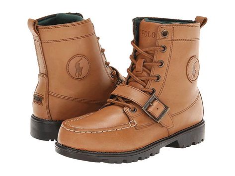 Polo Ralph Lauren Kids Ranger Hi II (Big Kid) (Tan Burnished Leather) Boys Shoes. Create a ruggedly handsome look with the style of these Polo Ralph Lauren Kids boots. Leather and textile upper with a branded patch at the side. Lace-up closure with a buckle for adjustability. Padded tongue and collar provide additional comfort. Breathable textile lining and a cushioned textile lining. Durable rubber outsole. Imported. Measure #PoloRalphLaurenKids #Shoes #Boot #CasualLaceup #Tan Polo Boots, Polo Ralph Lauren Kids, Mens Fashion Rugged, Ralph Lauren Kids, Hiking Outfit, Kids Boots, Big Kid, Boys Shoes, Big Kids