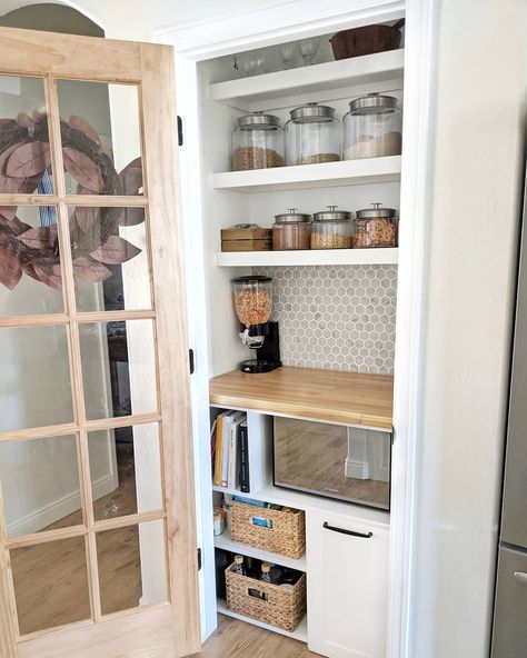 Brooke on Instagram: “Our pantry before and after has to be one of our favorite transformations! It is finally functional AND beautiful! And the French door…” Pantry With French Doors, Pantry With Curtain Door, Update Pantry Door, Small Pantry Upgrade, Pantry Before And After, Costco Door In Pantry, Small Pantry Door, Tiny Pantry, Open Pantry