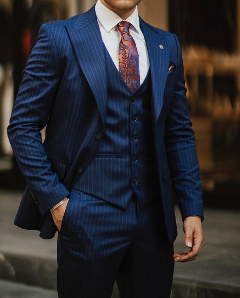 Navy Blue Suit Men, Groom Suit Navy, Blue Striped Suit, Blazer Waistcoat, Blue Three Piece Suit, Blue Pinstripe Suit, Vest Outfits Men, Blue Suit Men, Formal Men Outfit