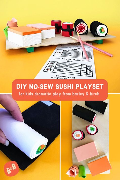 Process photos showing how to make a DIY sushi play set for kids dramatic play and kitchen and restaraunt role-play.