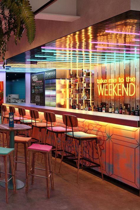 Beautiful, bold, bright bar restaurant design. Colourful neon lighting and neon tubes. Neon sign Take me to the weekend. Rustic timber back bar design with bottle display. Funky bar interior design. Neon Bar Design, Cocktail Bar Interior, Back Bar Design, Funky Bar, Bar Lounge Design, Bar Restaurant Interior, Modern Restaurant Design, Pub Interior, Nightclub Design