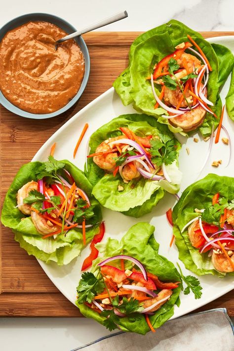 Shrimp Lettuce Wraps Are a Summer Dinner Winner Fish Lettuce Wraps, Myplate Recipes, Prep Dinners, Longevity Recipes, Shrimp Lettuce Wraps, Eating Well Recipes, Juicy Shrimp, Lettuce Wrap Recipes, Lettuce Wrap