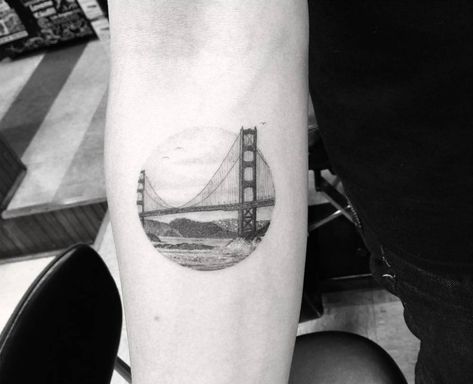 Golden Gate circle tattoo on the right inner forearm. Golden Gate Bridge Tattoo, Woo Tattoo, Dr Woo Tattoo, Bridge Tattoo, Dr Woo, Inner Forearm Tattoo, Circle Tattoos, Circle Tattoo, Geniale Tattoos