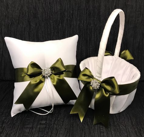 "Olive Green Wedding Ring Bearer Pillow and/or Flower Girl Basket * white or ivory satin choice * olive green accent ribbon with Rhinestone Crystals. See video of how it sparkles! * new ring pillow * 8x8 inches * 1.5\" wide ribbon strap in olive green sewn into the back to help balance. * fake bands included * new flower girl basket * 6\" round, 4\" bowl depth, 10\" high * ribbon wrapped handle * padded underneath to avoid see through of actual basket Common set and individual item quantities ar Crystal Wedding Ring, Green Wedding Rings, Olive Green Weddings, Ivory Ring, Wedding Ring Bearer Pillow, Wedding Ring Bearer, Flower Girl Baskets, Ring Bearer Pillows, Ring Bearer Pillow