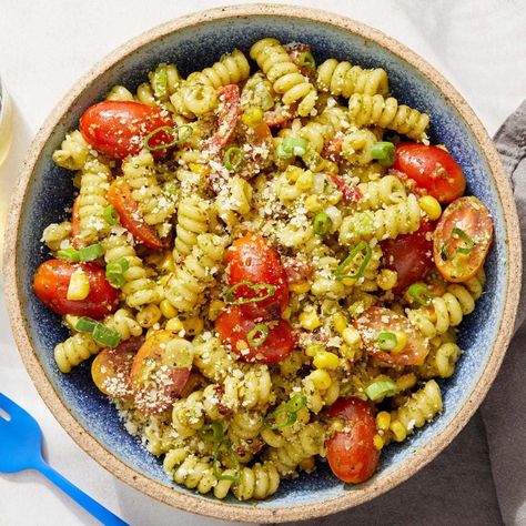 Recipe: Pesto Fusilli Pasta with Fresh Tomatoes & Corn - Blue Apron Pasta With Fresh Tomatoes, Pasta Salad Vegan, Vegan Caesar Dressing, Caesar Pasta Salad, Fresh Tomato Pasta, Caesar Pasta, Vegan Caesar, Fusilli Pasta, Salad Vegan