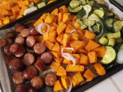 Sheet Pan Kielbasa with Sweet Potato, and Zucchini – dawns-ad-lib.com® Sheet Pan Zucchini, Sheet Pan Kielbasa, Pan Zucchini, Sweet Potato And Zucchini, Zucchini And Potatoes, Potato And Zucchini, Kielbasa And Potatoes, Sweet Potato Dinner, Pan Cooking