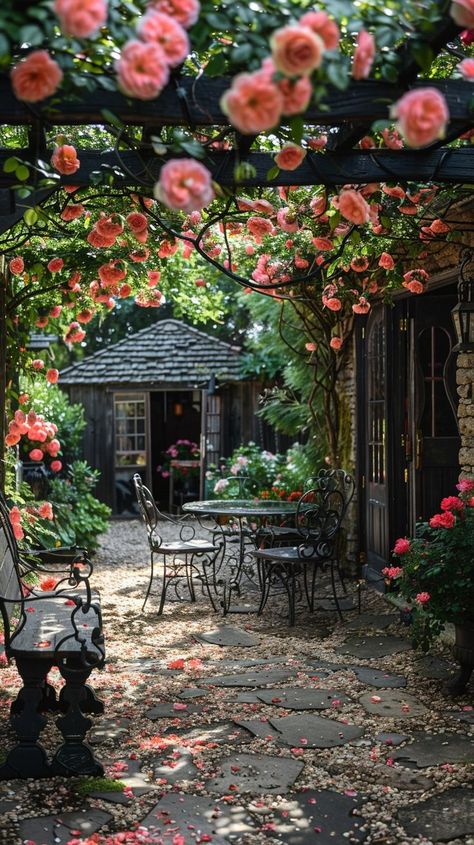 Serene garden pathway lined with pink and red roses, leading to a seating area under a floral archway. Ideal for a peaceful retreat in a romantic garden setting. French Rose Garden, Garden Alcove, Rise Garden, French Cottage Garden, Pink And Red Roses, Cozy Seating Area, Floral Archway, Intimate Gathering, Serene Garden