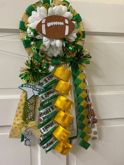 Green And Gold Garter Homecoming, Green And Gold Homecoming Mums, Green And Gold Mums Homecoming, Mum Garters For Guys, Hoco Mums, Gold Garter, Homecoming Mums Senior, Football Mums, Homecoming Garter