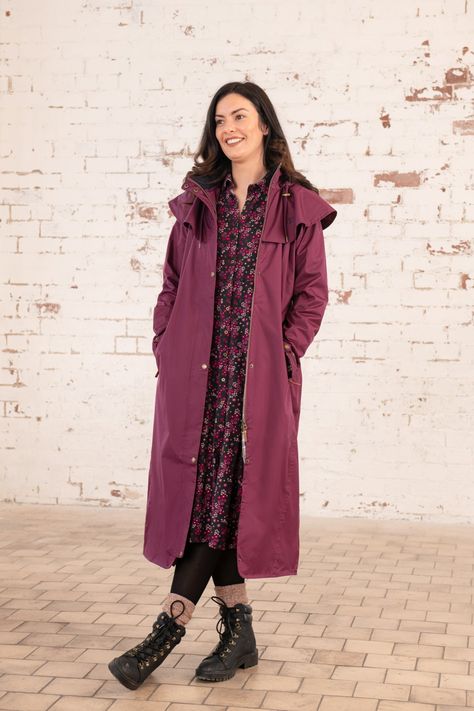 Outback Long Waterproof Coat - Plum - Women's Coats | Lighthouse Rain Coats For Women, Mind Drawing, Raincoat Outfit, Shoulder Cape, Full Length Coat, Leg Straps, Waterproof Coat, Hooded Raincoat, Raincoats For Women