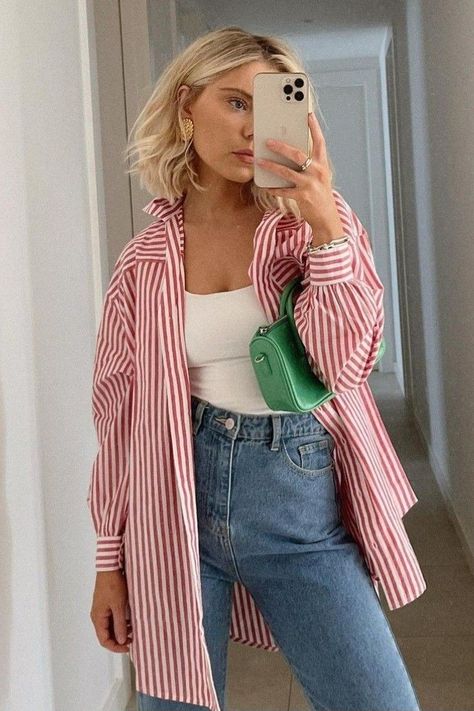 Red And White Striped Shirt Outfit, Red Striped Shirt Outfit, White Striped Shirt Outfit, Striped Shirt Outfit, Outfits With Striped Shirts, Red Striped Shirt, Work Wear Outfits, Stripe Outfits, Functional Fashion