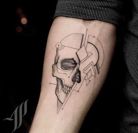 #tattoo #skull #geometric Medical Skull Tattoo, Geometric Thigh Tattoo, Skull Tattoo Minimalist, Skull Tattoo Fine Line, Geometric Skull, Minimal Skull Tattoo, Skull Line Work Tattoo, Fine Line Skull Tattoo, Inner Bicep Skull Tattoo