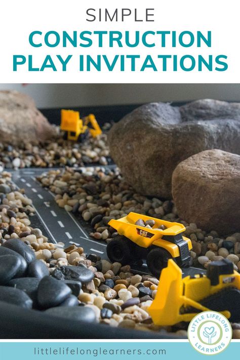 Simple construction-themed play invitations for toddlers and preschoolers by Little Lifelong Learners. I'm sharing my favorite construction site activities and play invitations. Featuring construction sensory play ideas, construction dramatic play ideas, and construction small world ideas perfect for toddlers and preschoolers who love trucks and building. Read the blog post to learn more and download construction site printables! Transportation Theme Preschool Sensory Bin, Construction Small World Play, Truck Sensory Play, Construction Sensory Table, Small World Play Ideas Preschool, Construction Sensory Play, Small World Ideas, Construction Dramatic Play, Construction Play Area