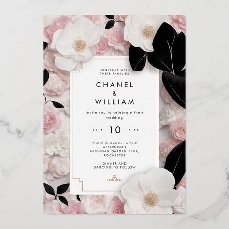 Chanel Invitation, Blush Pink Gold And White Magnolia Floral Wedding Invitation, Digital Invitations Wedding, Chanel Inspired, Foil Invitations, Shopping Chanel, Create Invitations, Rose Gold Foil, Wedding Suits