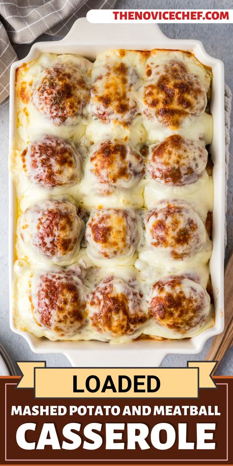 This Loaded Mashed Potato and Meatball Casserole combines two family-friendly favorites into one irresistible dinner! Tender meatballs in marinara are topped with mozzarella, and baked over creamy, loaded mashed potatoes. Mashed Potatoes With Meatballs, Meatball Casserole Recipe, Mashed Potato Balls, Tender Meatballs, Meatball Casserole, Mashed Potato Casserole, Loaded Mashed Potatoes, Stuffed Potato Balls, Beef Pasta