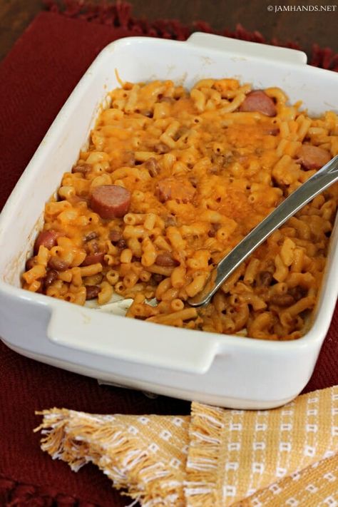 Macaroni Franks and Beans Casserole - Jam Hands Leftover Macaroni, Leftover Mac And Cheese, Franks And Beans, Poor Mans Recipes, Baked Bean Casserole, Hot Dog Casserole, Macaroni Casserole, Family Favorite Recipes, Leftover Recipes