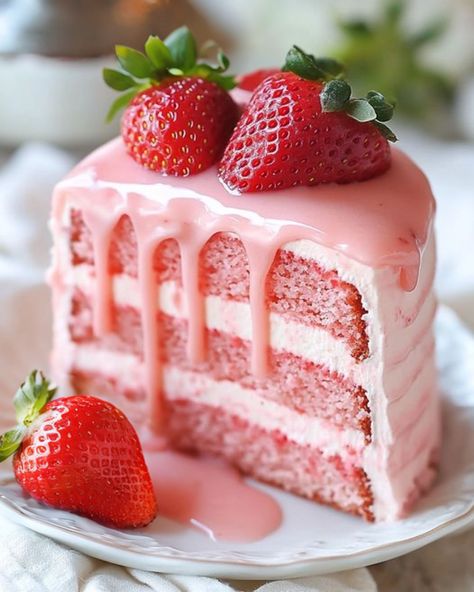 Best Strawberry Cake Ever 🍓 This strawberry cake is a delightful treat that’s perfect for any celebration or as a special dessert. Bursting with real strawberry flavor and topped with a creamy frosting, it's a cake that’s sure to impress your family and friends! Ingredients: For the Cake: • 1 box white cake mix (18.25 ounces) • 4 large eggs 🥚 • 1 box strawberry-flavored instant gelatin (3 ounces) 🍓 • 1 package frozen strawberries in syrup, thawed and pureed (15 ounces) 🍓 • 1/4 cup water 💧 • 1... Beautiful Strawberry Cake, Strawberry Pink Aesthetic, Best Strawberry Cake Ever, Strawberry Foods, Best Strawberry Cake, Strawberry Extract, Pink Dessert, Strawberry Cream Cakes, Birthday Baking