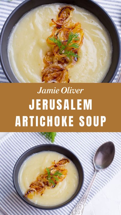 Jamie Oliver Jerusalem Artichoke Soup Sunchoke Recipe, Jamie Oliver Soup, Artichoke Soup, Fresh Sage, Jamie Oliver Recipes, Artichoke Recipes, Sage Leaves, White Onion, Healthy Soup Recipes