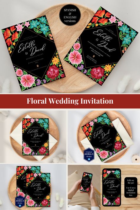 Beautiful Floral Mexican Design, Save the Date & Wedding Invitation Templates Set, inspired in the gorgeous floral embroidery and folklore from Oaxaca, Mexico. This unique and colorful, floral design is super elegant and trendy for your Destination Wedding in Mexico. Mexican Wedding Invitations Mexican Wedding Invitations, Wedding Mexico, Spanish And English, Destination Wedding Mexico, Wedding Invitations Romantic, Spanish English, Mexican Wedding, Mexico Wedding, Floral Wedding Invitations