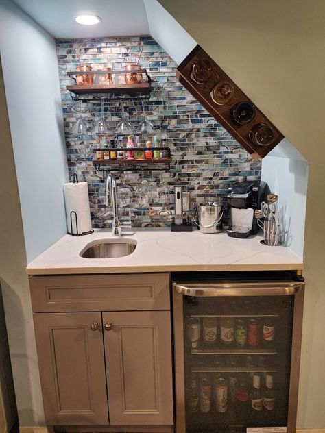 Staircase Bar Under Stairs, Basement Bar With Sink And Mini Fridge, Basement Wet Bar Under Stairs, Under Stairs Kitchenette, Wet Bar Under Staircase, Under Stairs Wet Bar, Understairs Bar Ideas, Wet Bar Under Stairs, Under Stairs Bar Ideas